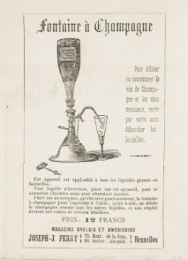 Uit: Cinquantenaire belge 1880. Hommage de la maison Joseph J. Perry, à ses clients. Plan instantané de la ville de Bruxelles (Collectie KU Leuven) Reclame voor een champagnefonteintje