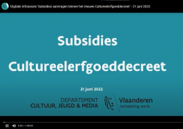 Screenshot van openingsdia met 'Subsidies cultureelerfgoeddecreet' als titel