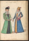 Tekening van een dame in een groene jurk en een dame in een blauw oranje outfit